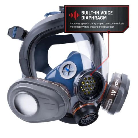 Full Face Organic Vapor And Particulate Respirator With Dual P-A-3 Carbon Activated Cartridges shown with built-in voice diaphragm