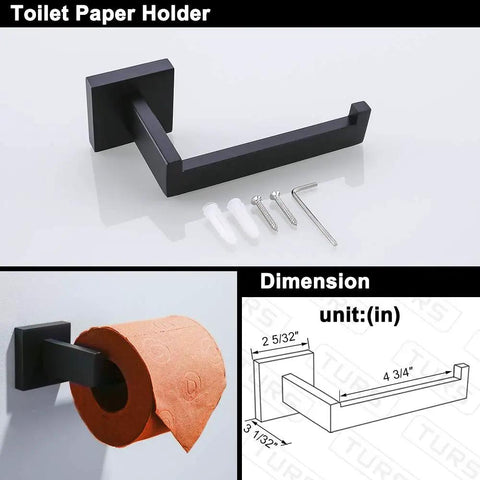4 Piece Matte Black Bathroom Hardware Set Stainless Steel Toilet Paper Holder, wall mount, includes screws, side view