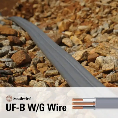 14 2 UF W G Underground Feeder Cable Gray 100 Ft Direct Burial Outdoor Lighting Wire on rocky surface with wire cross-section view