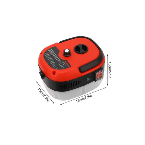 Top view of Heavy Duty 2500W Handheld Steam Cleaner with red top, showing measurements and control buttons.