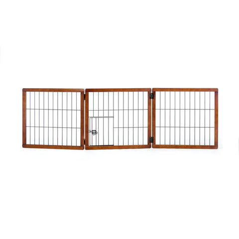 22 To 62 Inch Super Wide Dog Gate With Small Pet Door, Premium Wooden Three Panel Freestanding Gate for Doorways and Hallways