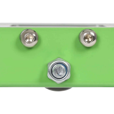 Close-up of Pro Grade Green V Shaped Hand Sheet Metal Bender with visible bolts and metal elements for roofing panel bending.