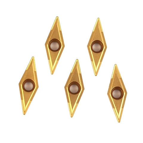 High Performance 10 Pcs VCMT110304 Carbide Turning Inserts For Stainless Steel CNC Lathe With Epic Wear Resistance And Sweet Cutting Results, five gold inserts.