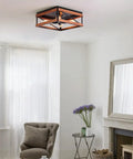 Elegant living room with 4 Light Rustic Farmhouse Flush Mount Ceiling Light with Metal and Wood Square Frame, Dope Black Finish