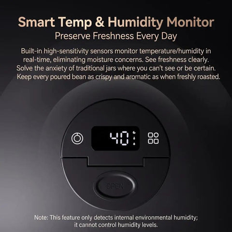 Smart vacuum sealed coffee canister lid with digital temperature, humidity monitor for freshness. Keep Your Morning Brew Fresh As Heck With This Game Changing Smart Vacuum Sealed Coffee Canister Featuring Digital Pressure Gauge Rechargeable Design And Airtight Glass Storage.