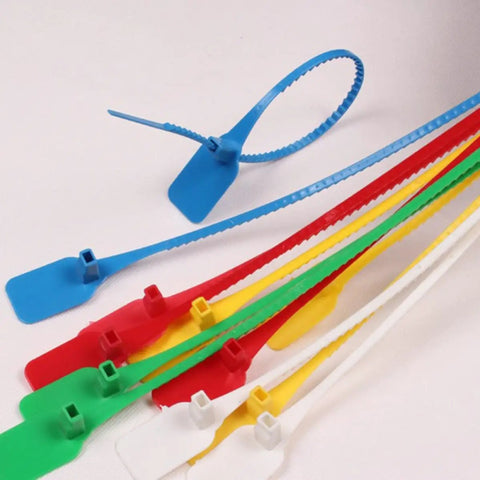 50 Self Locking Cable Ties With White Label Boards For Straight Up Cord Management No Sweat Wire Organizer Bundle Wrap Top Shelf Heavy Duty Nylon Fastener Alternative in various colors laying flat.