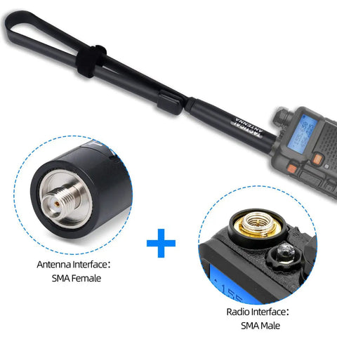 Connector details of High Gain 18.89 Inch Dual Band Ham Radio Antenna 144/430 MHz Tactical UHF VHF Signal Booster for handheld radios.
