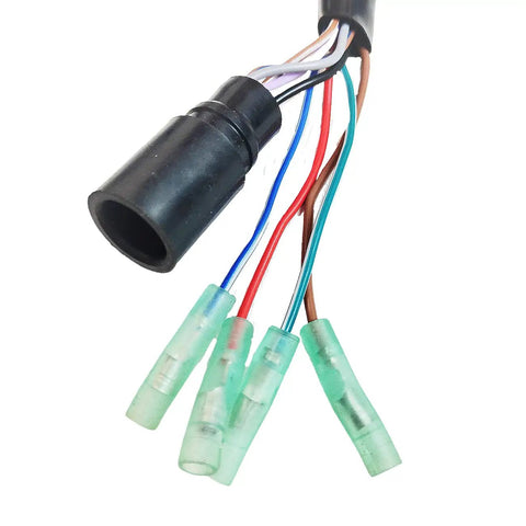 Close-up of the 10-pin connector wires for Outboard Throttle Remote Control Right Side Mount With 10 Pin Connector, Ultra Smooth Forward And Reverse Shifting, Secure Cord Clip, Easy Install, Heavy Duty Marine Gear For Smooth Acceleration.