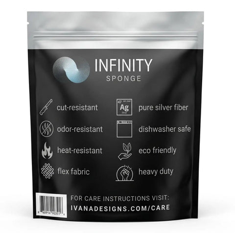 Infinity Sponge Odor Resistant And Heat Resistant Silver Fiber Kitchen Cleaning Tool packaging with features listed