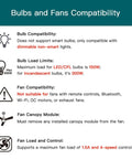 Instruction chart for smart ceiling fan control compatibility with dimmable bulbs, load limits, and fan requirements.