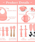 Silicone Baby Feeding Set 13Pc Kit With Suction Bowl Plate Spoons Forks Bib Cup Toothbrush LED Weaning Supplies For 6 Months Plus Pink