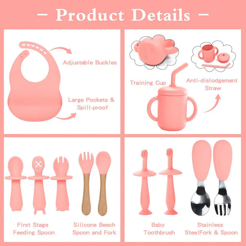 Silicone Baby Feeding Set 13Pc Kit With Suction Bowl Plate Spoons Forks Bib Cup Toothbrush LED Weaning Supplies For 6 Months Plus Pink