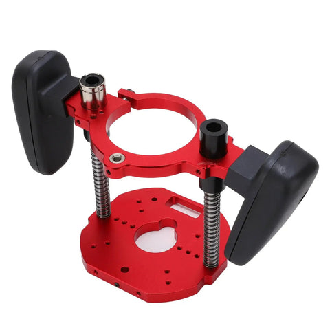 Level Up Your Woodworking Setup With This Heavy Duty Aluminum Router Lift Base Offering Butter Smooth Micrometer Control A Killer 40 Millimeter Stroke And Secure Clamping For Spot On Cuts Every Time, featuring anodized red aluminum with adjustable clamps.