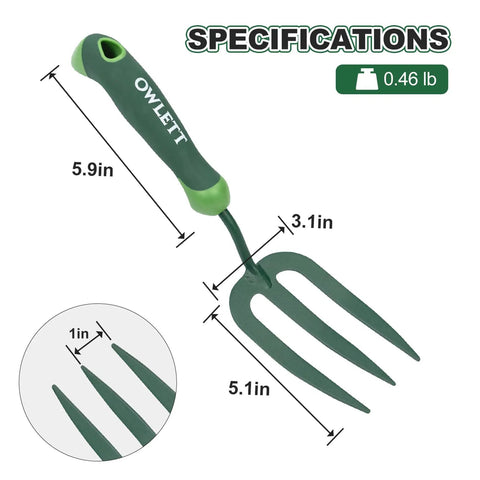 Specifications for Three-Prong Garden Hand Fork With Carbon Steel Construction And Grip-Friendly Rubber Handle, Rust-Resistant.