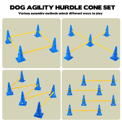 Dog Agility Hurdle Cone Set With Ten Twelve Point Five Inch Cones And Five Thirty One Point Five Inch Rods Height Adjustable Crossbar