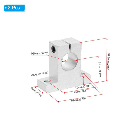 Detailed dimensions of SK20 Aluminum Linear Motion Rod Rail Clamping Guide Support Two Piece Set for 20mm Shaft Precision Alignment.