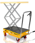 Heavy Duty Hydraulic Lift Table Cart Supporting 400 Pounds Featuring Built Like A Tank Steel Frame And Smooth Foot Pump For No Sweat Loading Plus Easy Hauling Across Shop Floors, showcasing raised scissor lift.