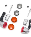 Chrome Harley Sportster bullet turn signal kit with red lenses, wiring, orange lens covers, mounting bolts