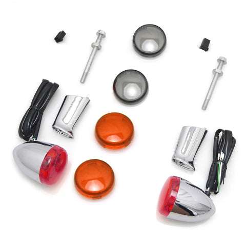 Chrome Harley Sportster bullet turn signal kit with red lenses, wiring, orange lens covers, mounting bolts