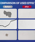 Before and after comparison using Two Pack Wall Patch Kit With Mending Agent And Spackle, Comes With 100g Patches, Nozzle Extenders, Scrapers And Sandpaper For Quick Hole Fix, Smooth, Paint Ready Walls Easy DIY Repair, showing holes, cracks, and dents fixed on interior walls.