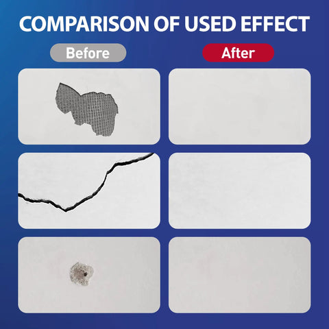 Before and after comparison using Two Pack Wall Patch Kit With Mending Agent And Spackle, Comes With 100g Patches, Nozzle Extenders, Scrapers And Sandpaper For Quick Hole Fix, Smooth, Paint Ready Walls Easy DIY Repair, showing holes, cracks, and dents fixed on interior walls.