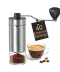 Compact Manual Coffee Grinder With 40 External Grind Settings And Ceramic Conical Burr, Durable Stainless Steel Build, cup and beans