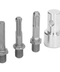 Heavy Duty Garden Drill Adapter Kit With 1 To 3 Auger Connector for 10mm round shank to half inch drill chuck shows four metal adapters.