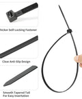 Close-up of 48 Inch Heavy Duty Zip Ties 200 Lbs Ultra Strong Plastic Cable Ties 9mm Wide, showing self-locking fastener and anti-slip design.