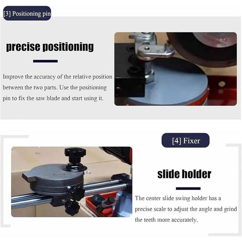 Top Shelf 550W Electric Circular Saw Blade Sharpener With Waterproof Switch And Bullseye Alignment Dial displaying precise positioning pin and slide holder.