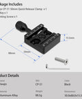Arca Swiss Compatible 50mm Screw Knob Clamp Adapter for Quick Release Plates Fits Camera Tripod Ball Heads and Monopods Captive Knob With Safety Stop Grooves M6 Mount and Three Eighths Inch Threaded Hole for Versatile Rig, package contents and dimensions