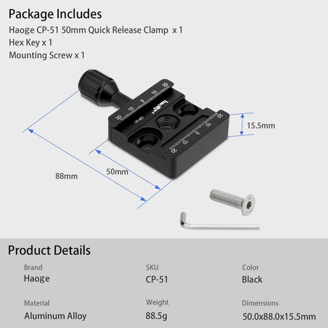 Arca Swiss Compatible 50mm Screw Knob Clamp Adapter for Quick Release Plates Fits Camera Tripod Ball Heads and Monopods Captive Knob With Safety Stop Grooves M6 Mount and Three Eighths Inch Threaded Hole for Versatile Rig, package contents and dimensions