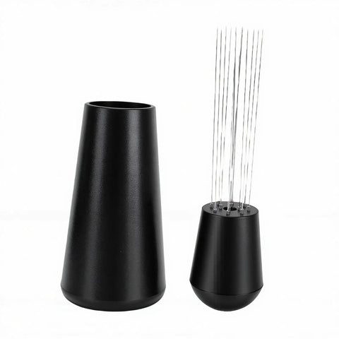Top Shelf Espresso Setup 51mm Spring Loaded Tamper Set With 7 Pro Premium Barista Tools And Sapele Wood Station For Perfect Daily Brew Times. Black tamper holder and cleaning tool with fine needles.