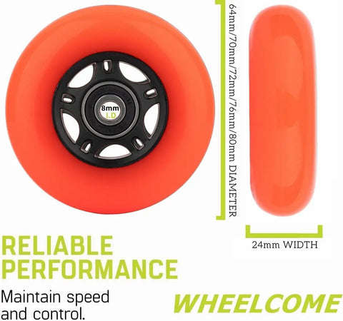 High Performance Inline Skate Wheels 4 Pack With ABEC 9 Bearings And Floating Spacers For Skates 64mm 70mm 72mm 76mm Or 80mm Diameter 24mm Width 85A Hardness For Indoors And Outdoors Orange 80mm, orange wheel detailing