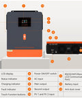 Front and rear view of High Power 4200W 24V DC To 230V AC Off-Grid Hybrid Inverter With All-In-One Solar Charger, labeled features.