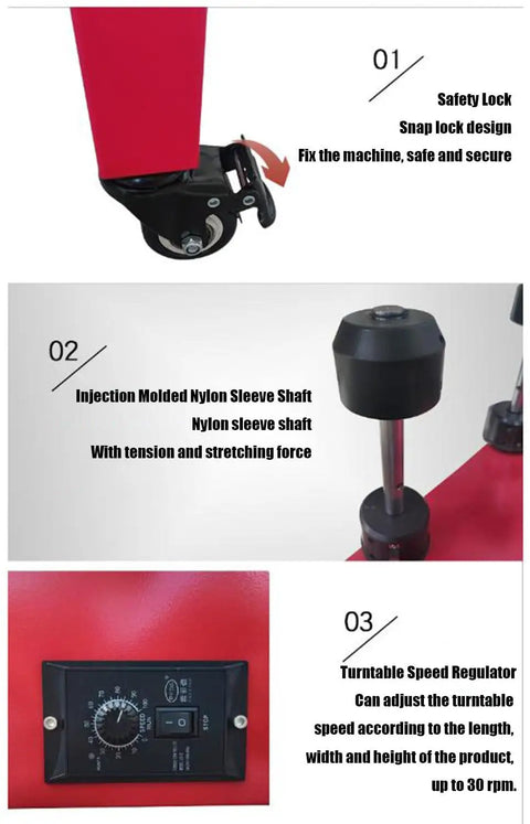 Safety lock, nylon sleeve shaft, and turntable speed regulator of Built Like A Tank Electric Stretch Film Wrapper.