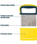 Crinkle cutter knife with yellow-blue handle, stainless steel wavy blade, and protective yellow sleeve.