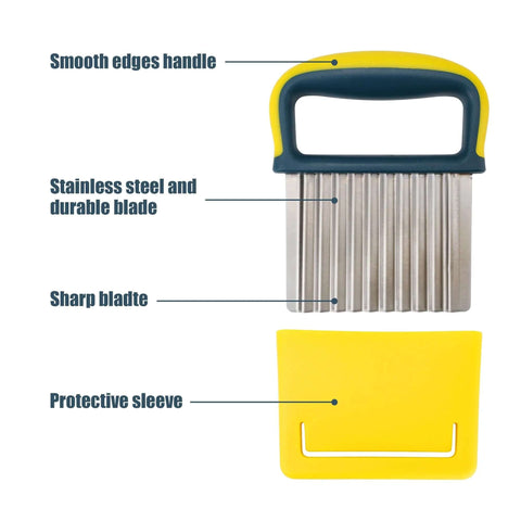 Crinkle cutter knife with yellow-blue handle, stainless steel wavy blade, and protective yellow sleeve.