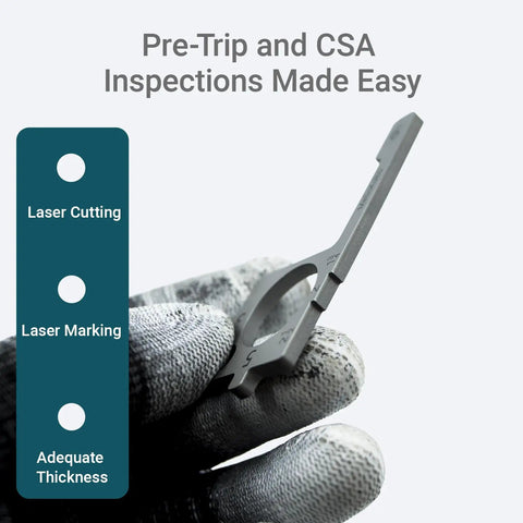 4 In 1 Pre Trip Inspection Tool For Truckers with laser-cut features held in gloved hand for easy tire depth and brake checks