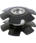Close-up of a single unit from Pack Of 5 Black Steel Headset Star Nuts For One And One Eighth Inch Forks, Dope For Mountain And Road Bikes