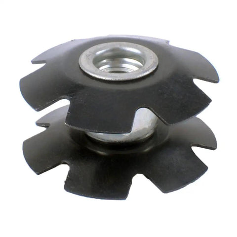 Close-up of a single unit from Pack Of 5 Black Steel Headset Star Nuts For One And One Eighth Inch Forks, Dope For Mountain And Road Bikes