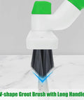 Long Handle Floor Scrub Brush With 3 In 1 Scraper Squeegee And Stiff Bristle Deck Brush close-up on grout cleaning