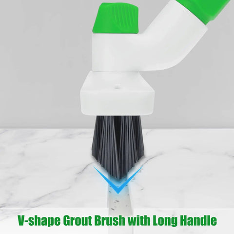 Long Handle Floor Scrub Brush With 3 In 1 Scraper Squeegee And Stiff Bristle Deck Brush close-up on grout cleaning