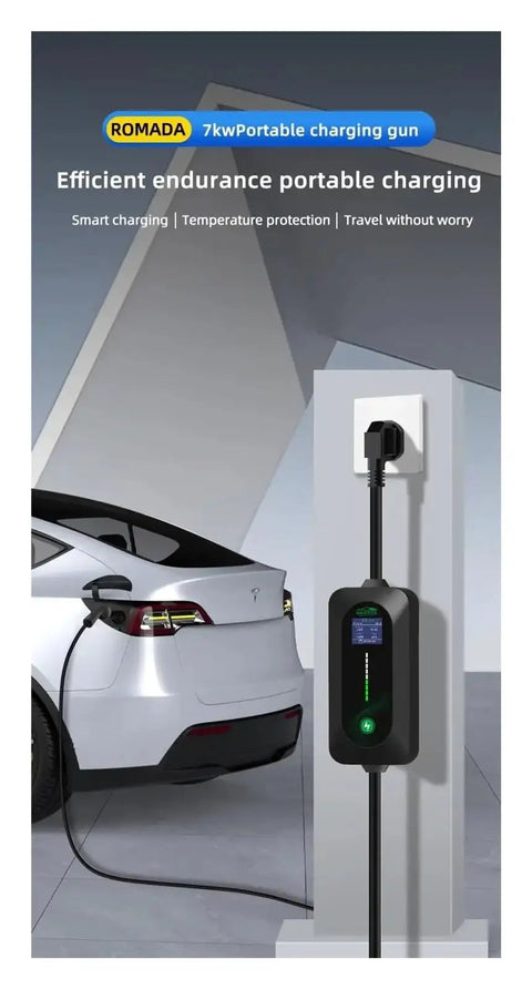 Straight Up Reliable 7Kw Ev Charger With 10M Type 2 Cable Iec 62196 Standard connected to electric vehicle in charging station.