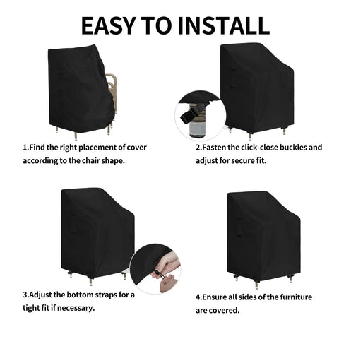 Installation guide for Heavy Duty Stackable Patio Chair Cover UV Resistant Waterproof Outdoor Furniture Protector Fits 4 To 6 Stackable Dining Chairs 28W X 36D X 47H Black Built To Last All Weather Shield For Long Lasting Use.