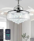Dimmable Fandelier Crystal Ceiling Fan With Remote Light Kit Polished Chrome 36 Inch Invisible Retractable Chandelier Fan With LED Light And Adjustable Color Temperature From Warm White To Cool White in living room setting with two remote controls visible