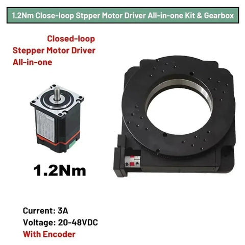 Heavy Duty Hollow Rotary Table Motor Drive Indexing Plate Gearbox Reducer Kit with stepper motor and encoder, 1.2Nm torque.