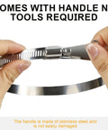 Beefy 4 Inch Dryer Vent Clamp Made From 304 Stainless Steel Worm Gear Hose Clamp Adjustable 91 114mm Key Type Clamps For Dryer Vent Ductwork And Automotive Use shown with hands displaying handle mechanism.