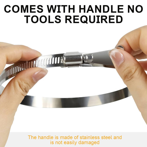 Beefy 4 Inch Dryer Vent Clamp Made From 304 Stainless Steel Worm Gear Hose Clamp Adjustable 91 114mm Key Type Clamps For Dryer Vent Ductwork And Automotive Use shown with hands displaying handle mechanism.