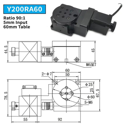 High Precision Electric Rotary Table Delivering Smooth Three Sixty Rotation And Slick Sixty Millimeter Indexing Plate top view with dimensions.