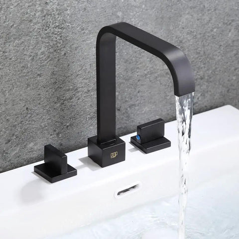 Matte Black 2-Handle 3-Hole Widespread Bathroom Sink Faucet With Pop-Up Drain, Solid Brass Construction and Waterfall Style Spout